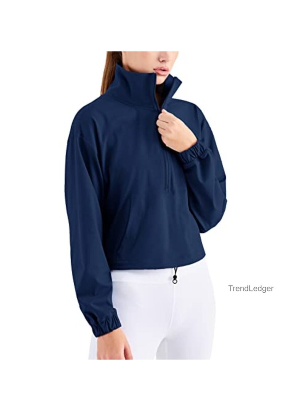 Half Zip Cropped Athletic Jacket with Kangaroo Pocket Stand Collar